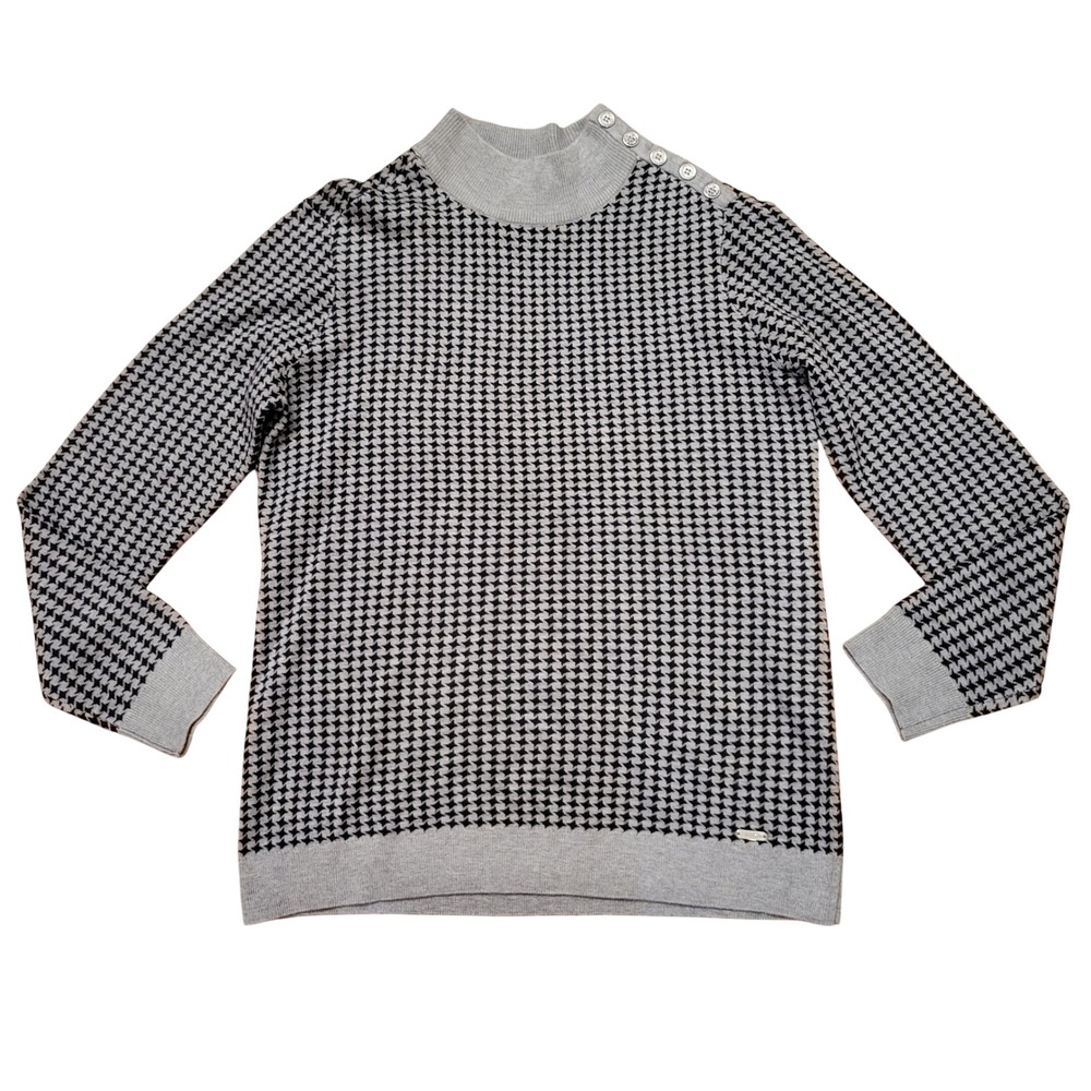 Calvin Klein M Sweater Gray Houndstooth Button Shoulder Mock Neck Cozy Preppy